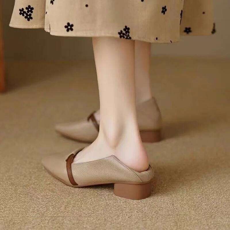 2025 Women's Pointed Toe Slip-Ons Chunky Low Heel Flats Soft Leather Loafers | Comfortable Work Pumps