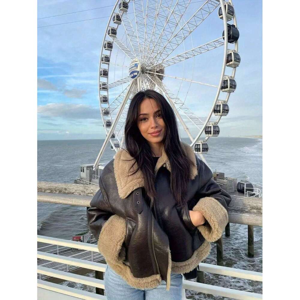 Shein Men's Jackets INDEFEIR Winter New Women's Short Warm Reversible Biker Jacket Brown Breathable Leather Sheepskin Large Lapel Coat