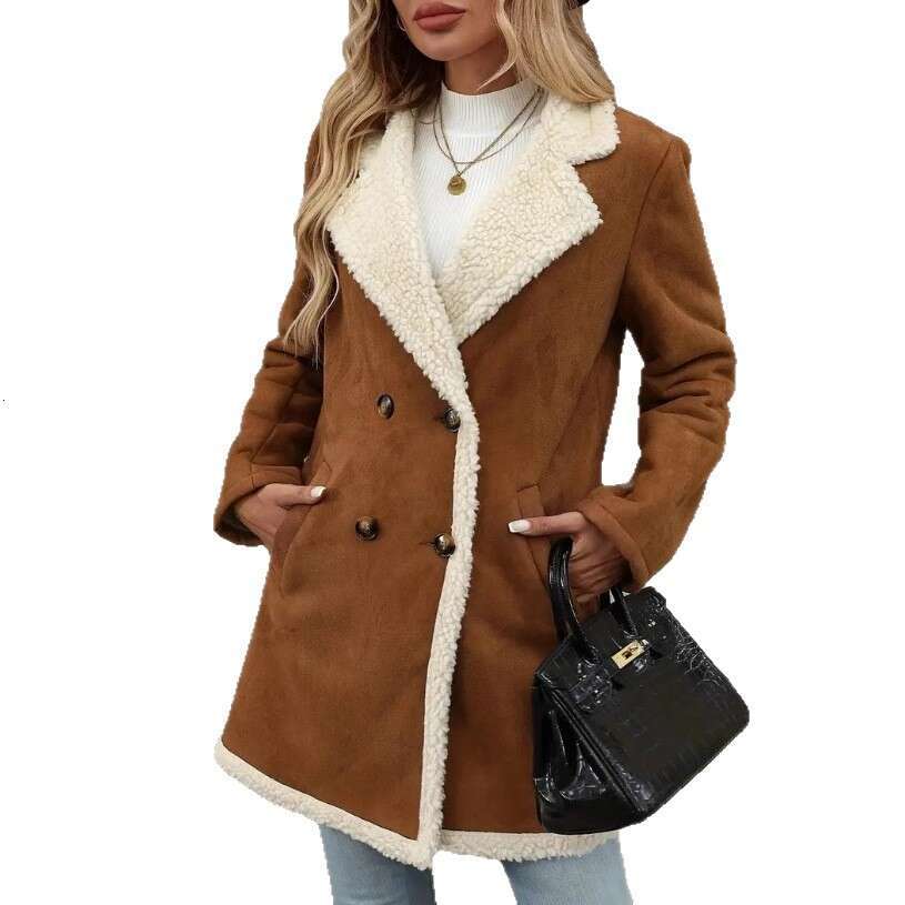 Autumn Winter New Suede Velvet Coat Fashion Casual Turn-Down Collar Mid-Length Warm Woolen Women's Overcoat B5