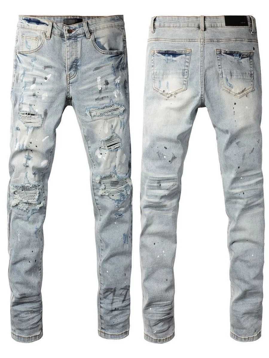 New Mens Slim Fit Jeans Trendy Brand Patchwork Elastic Paint Splatter Light Colored High Street Long Pants Casual Youth Sle Y251105