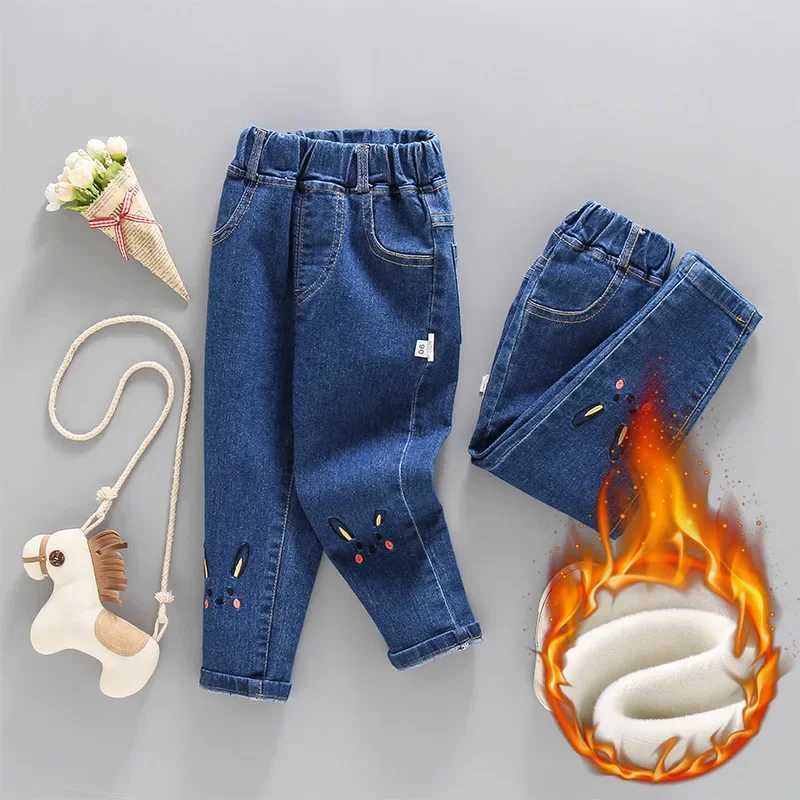 Girls Winter Pants Thick Warm Jeans Baby 28 Year Casual Long Pants Elastic Waist Trousers Kids Cartoon Cat Lovely Outdoor PantsT251017