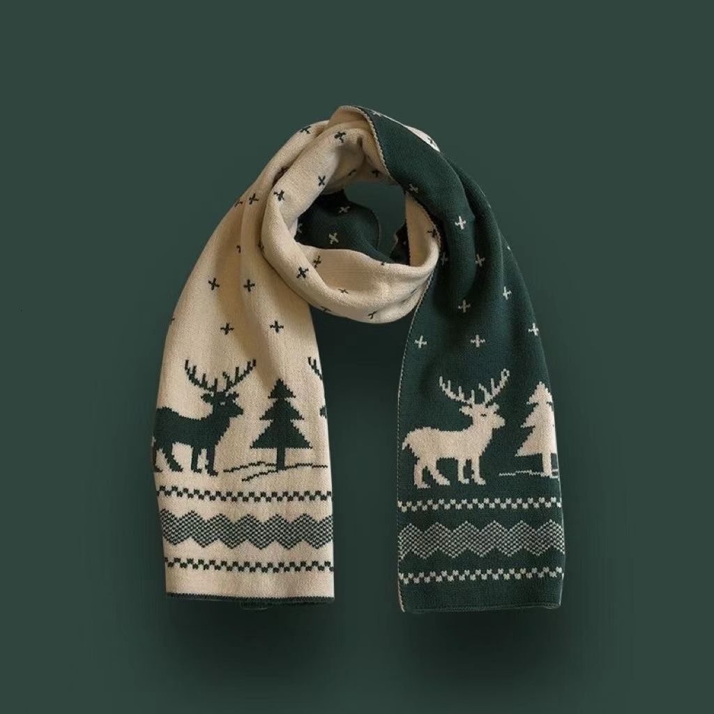 Trendy Christmas Reindeer Scarf for Women Protection Versatile Autumn Winter Red Small Tree Mid-Length Warm Neck Warmer