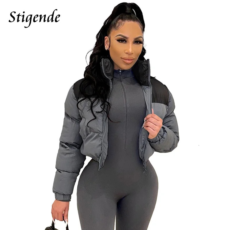 Stigende Women Patchwork Puffer Parka Coat Stand Collar Cotton Padded Coat Winter Warm Loose Zipper Crop Top Jacket Outwear 251011