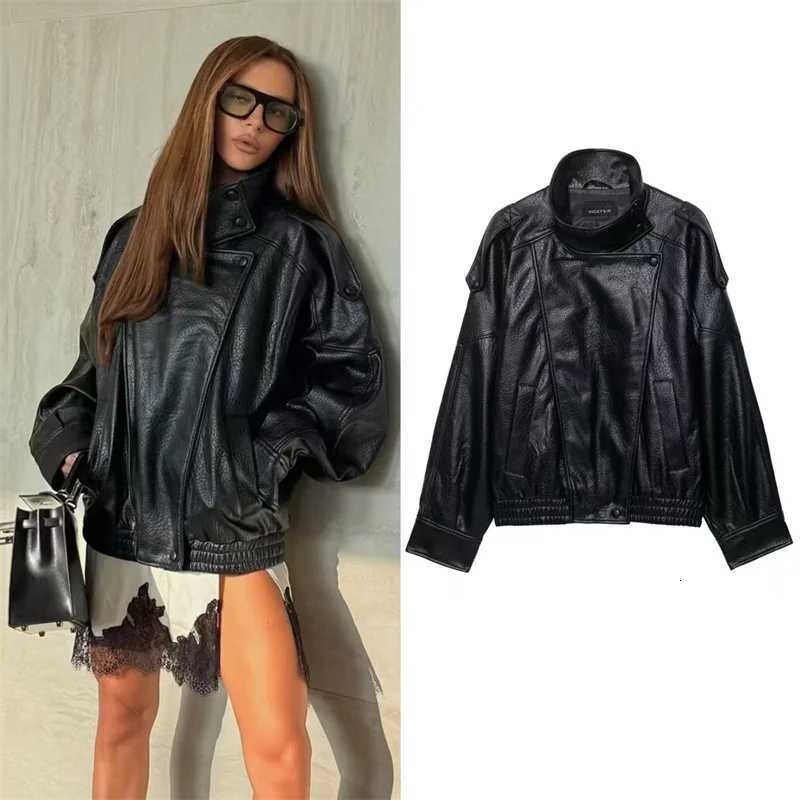 Womens Jacket 2025 Autumn Hot Sale New Style Black LongSleeve Faux Leather HighNeck Biker Style Jacket TrendyT251017