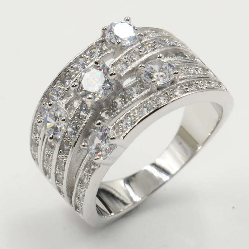 Infinity Jewelry Real Sterling Sier Big Discount White Clear Topaz CZ Dia Eternity Wedding Band Net Ring for Women