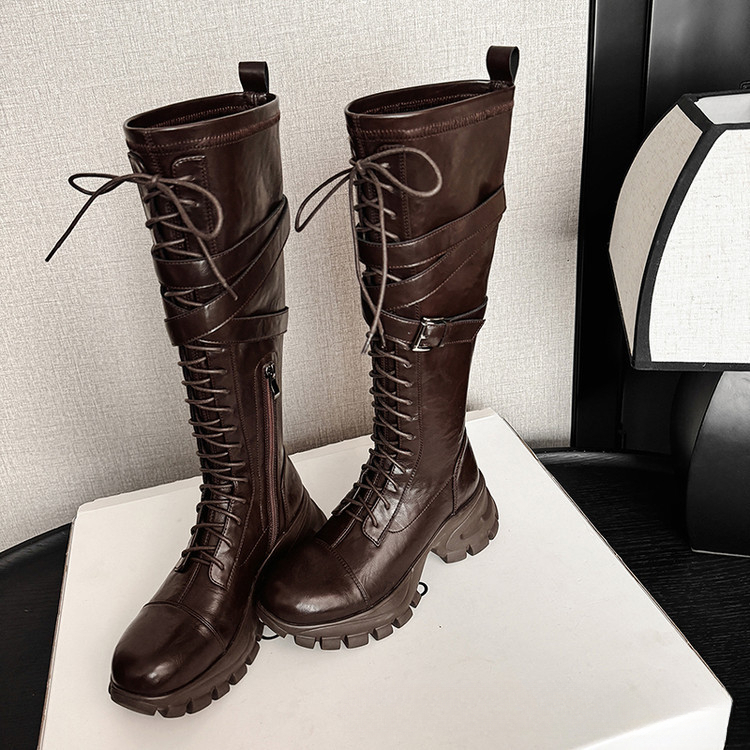 Designer women's genuine leather high-heeled round toe Martin boots for autumn and winter 2025, new thick soled lace up side zipper horse boots