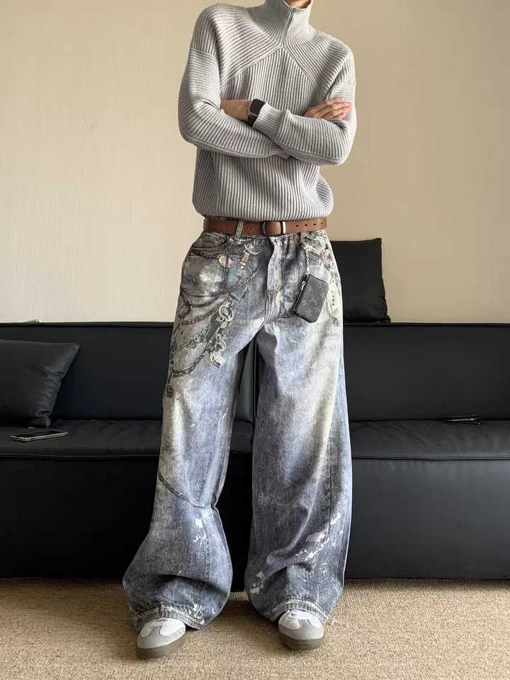 American Retro 3D Printed Chain Straight Leg Jeans Mens Design Sensation INS Long Trousers Trendy mid Waist Jeans J251016