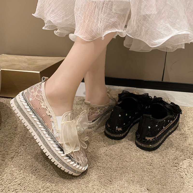 Women's Casual Shoes Platform Sole Rhinestone Upper Shallow Mouth Women's Loafers Leisure One Kick Fashion Diamonds Butterfly Knot Flats Sho