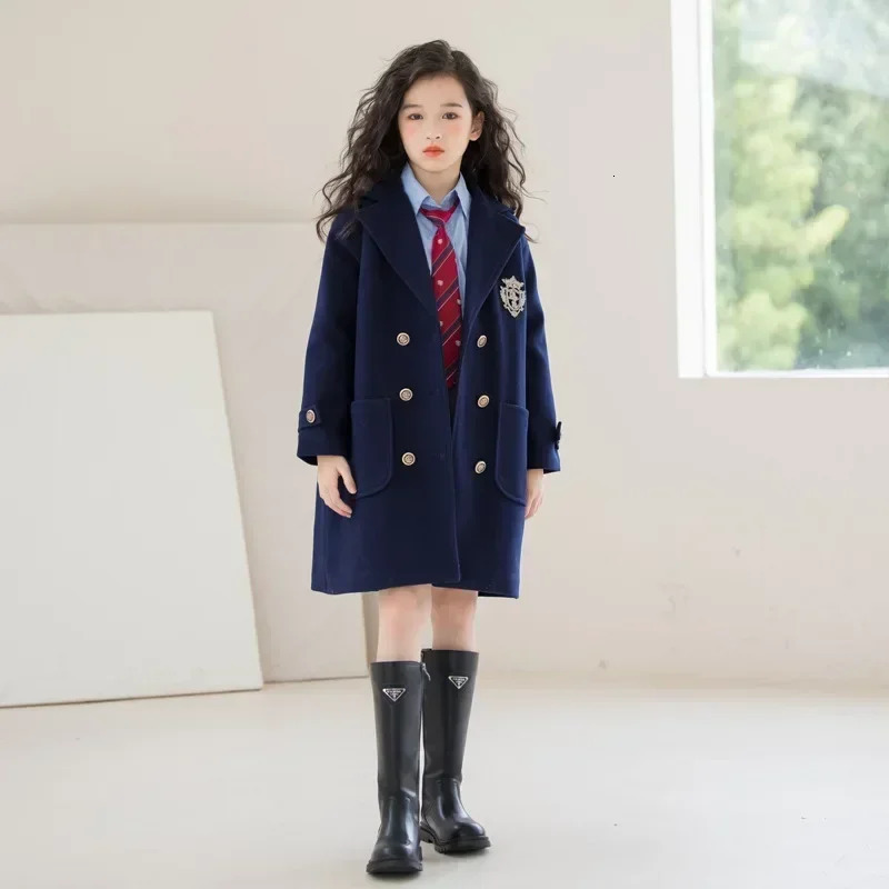 Teens Girls Winter Jacket Preppy Style Navy Midlength Wool Coat for Kids Thick Warm Casual Allmatch School Children Outerwear 251015