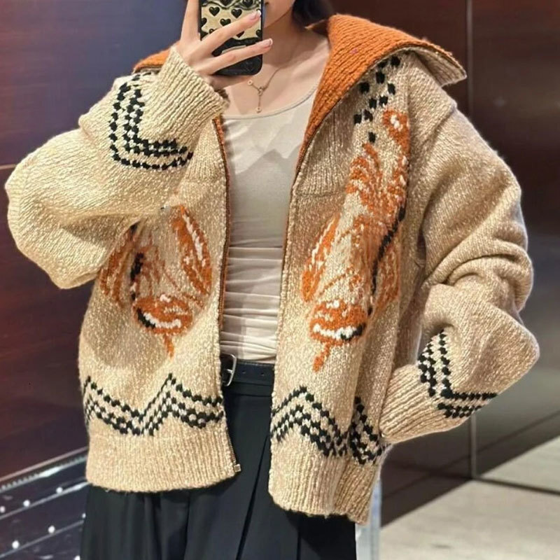 Luxury Designer Women's Cotton Wool Blend Zip Up Knit Jacket Chic Contrast Notch Collar Long Sleeve Jacquard Outerwear Classic Loose Warm Breatha