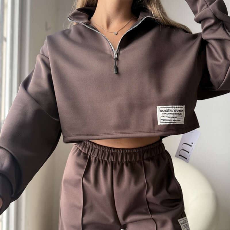 Women's Autumn And Winter New Fashion Half-Zip Solid Color Short Sweatshirt Set For Women B5