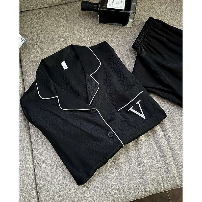 Jacquard V Black Light Luxury High-end Style Women's Pajamas Autumn Winter Long Sleeve Ice Silk Comfortable Homewear Set