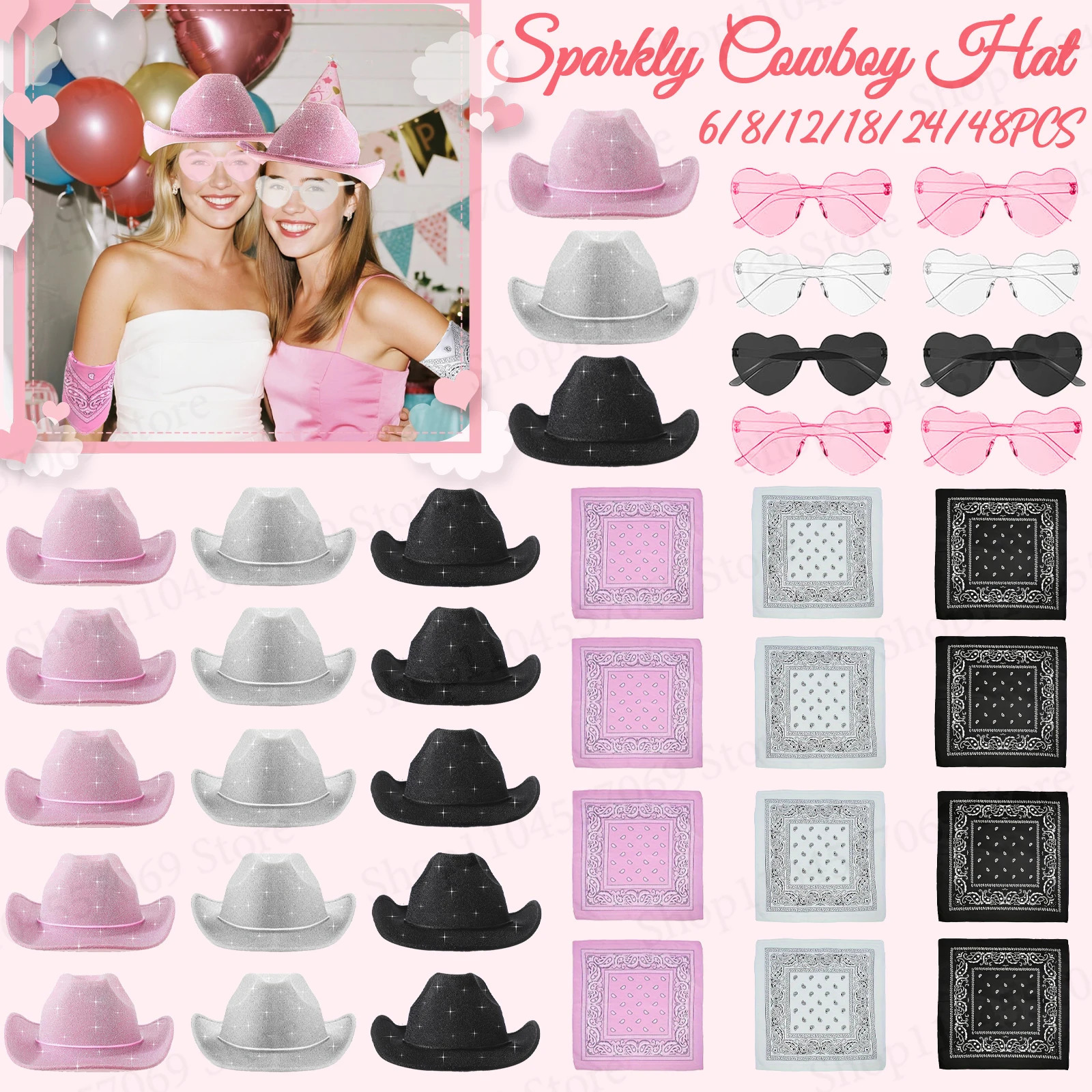 648Pcs Sparkly Cowboy Hat for Wedding Bachelorette Party Cowgirl Hats with Bandanas Heart Sunglasses Western Party Supplies 251015