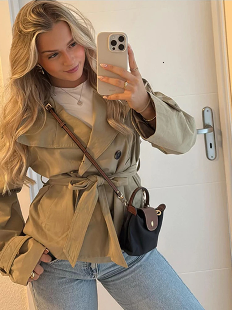 Belted Waist Cropped Trench Double Breasted Stand Collar 2025 Autumn Chic Elegant Women Coat Casual Vintage Office Lady Jacket 251017