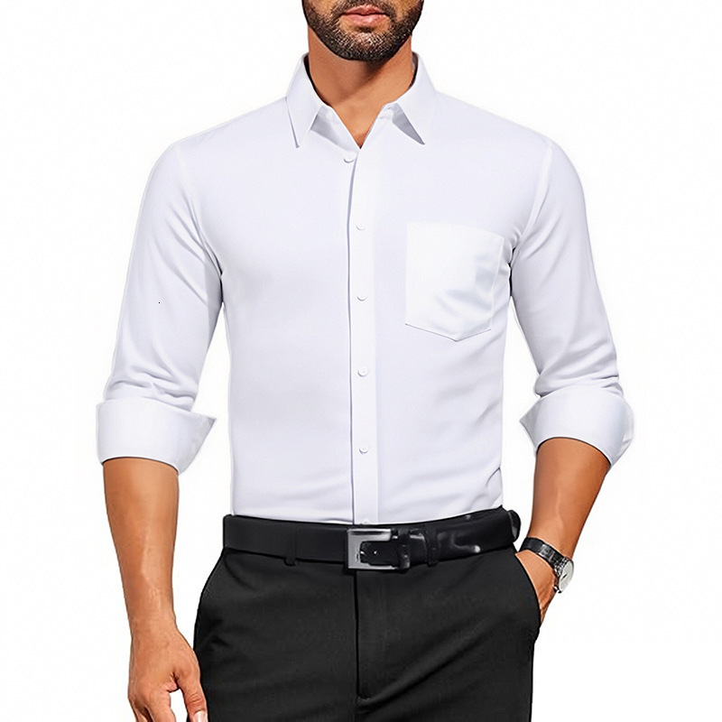 Thin Men's Long Sleeve White Shirt Breathable Stretch Wrinkle-Resistant Solid Color Business Professional Top Men's Clothing