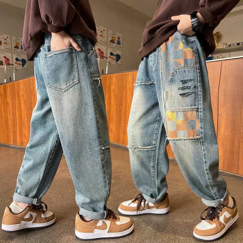 Boys Stylish High Street Hiphop Denim Jeans Childrens Casual Patchwork Pants Fashion School Kids Designer Trousers 414Year oldT251017