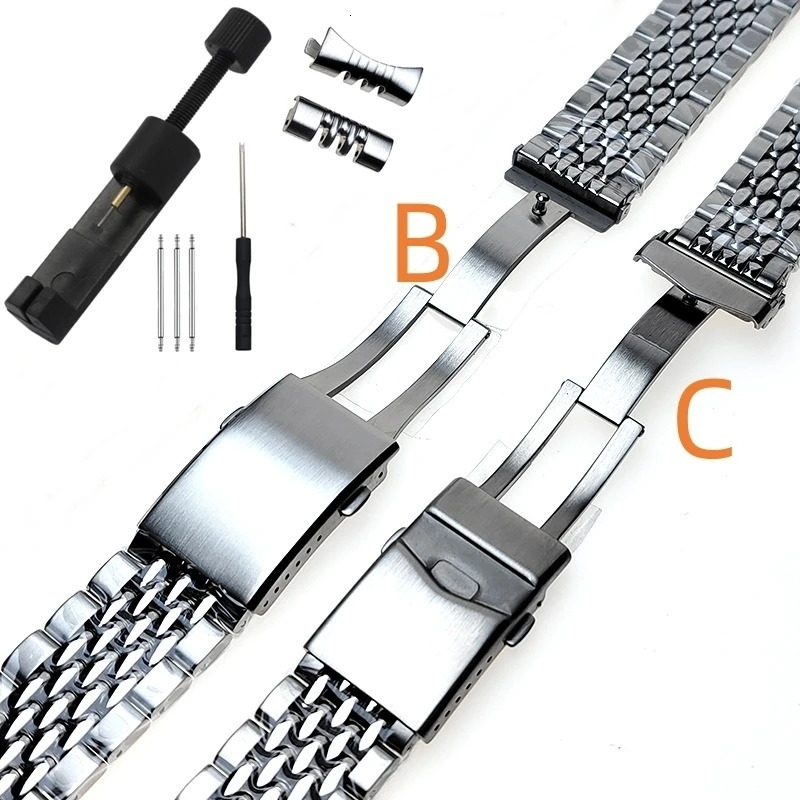 20 22mm 316L Solid Stainless Steel Bracelet Adjustable Curved Flat Beads of Rice Watch Strap Fit For Seiko SKX Universal Band 251016