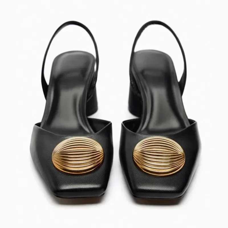 Luxury Metal Decoration Back Strap Chunky Heeled Sandals Women Elegant Round High Heels Summer Designer Mules Shoes Sandalias Z251015