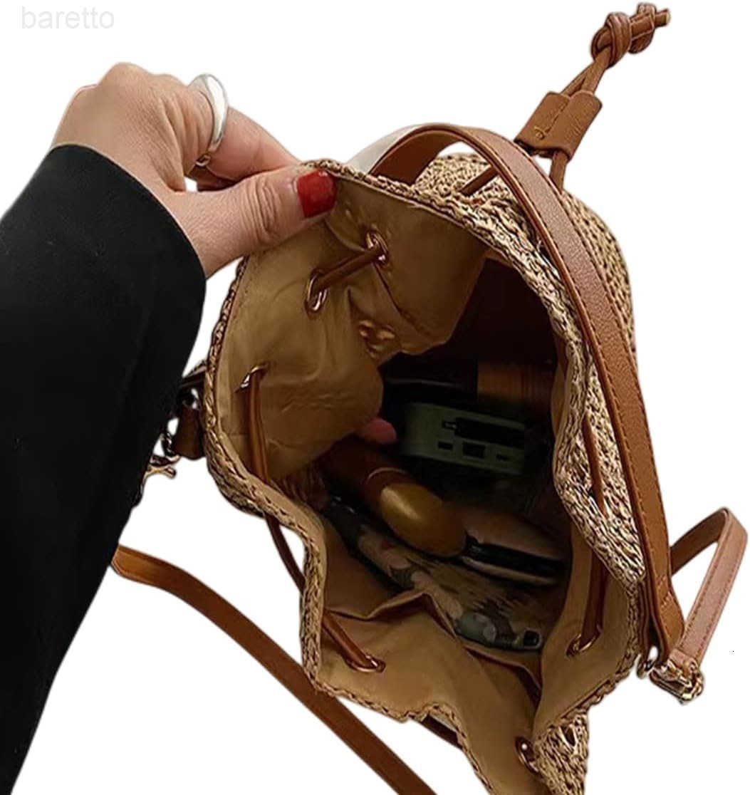 Women Straw Drawstring Bucket Purse Small Tote Shoulder Handbag Hollow Out Crossbody Bag for SummerBeach Z251017
