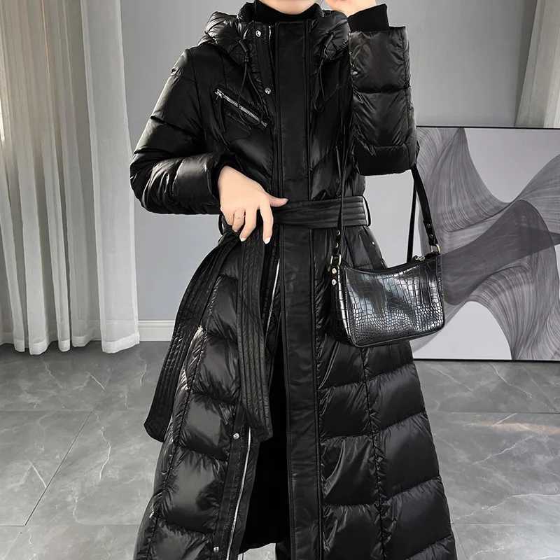 Ladies Winter Long Down Jacket High Grade Zipper Belt Black Navy Blue Down Coat Down Jacket Women Coats W251016