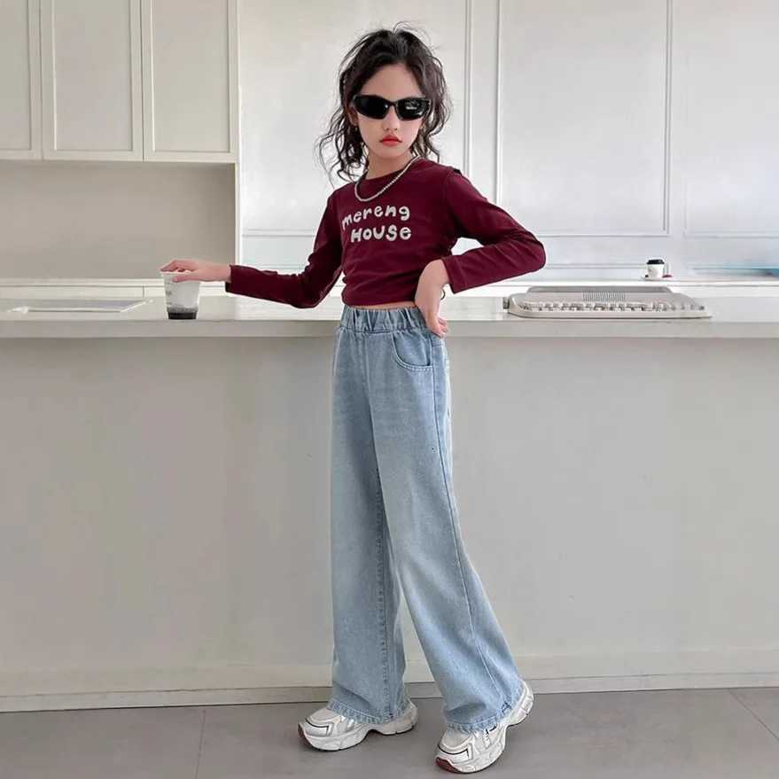 Autumn Young Teenager Girls Denim Pants Elastic Waist Youth Girls Trousers Loose Casual Pure Color Children Girls JeansT251017