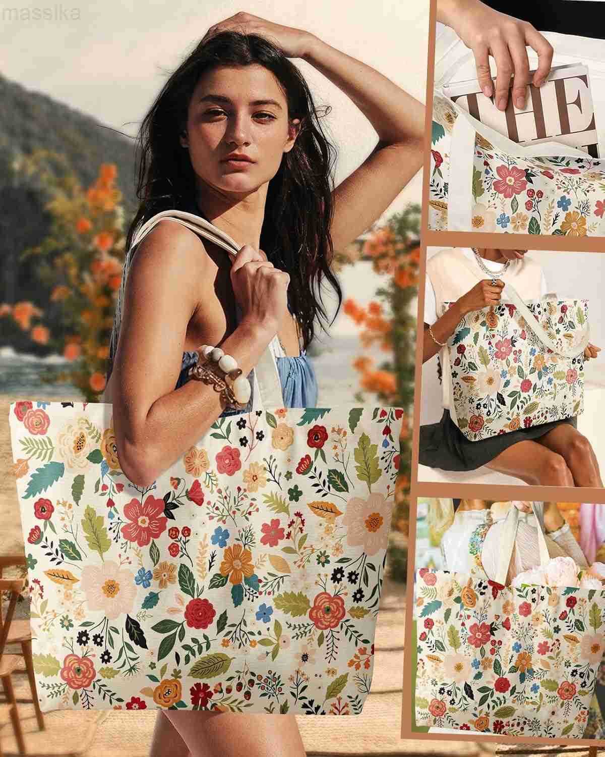 Large Tote Bag for Women Aesthetic Cute Big Canvas Bags with Zipper Cotton Shoulder Bag for Gym Travel Work M251017