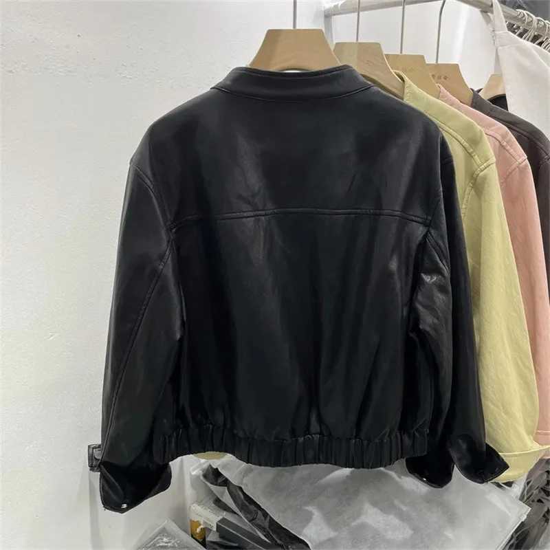 Leather Jacket Leather Womens Spring Clothes Standup Collar Loose Casual Black Motorcycle Washed PU Leather Jacket Coat TideT251017