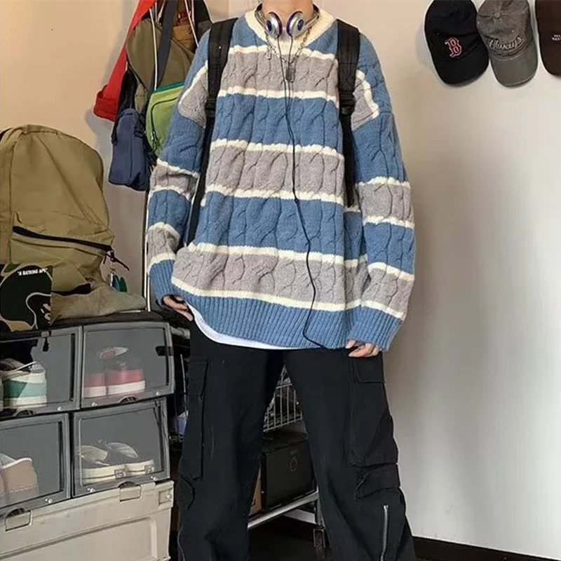 Patchwork Striped Crewneck Sweaters For Men Hip Hop Fashion Knitted Hombre Winter Y2K Vintage Pullovers Knitwear 251017