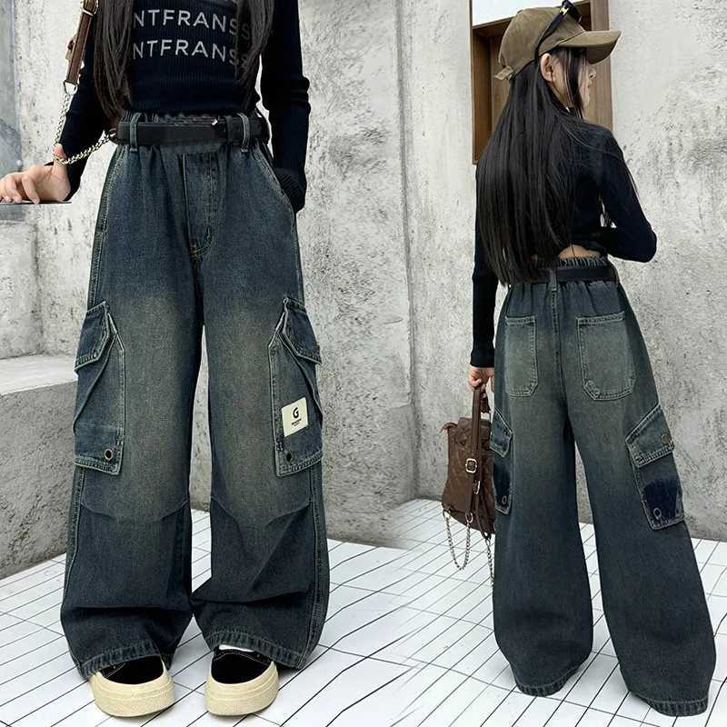 Kids Designer Vintage Gray Jeans For Girl Streetwear y2k Baggy Denim Cargo Pants With Pocket Young Lady Child Jeans TrousersT251017