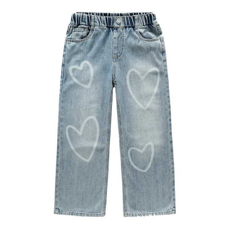 Big Girls New Arrival Jeans with Heart Pattern 2025 Spring Autumn High Quality Fashion Wide Leg Pants Kids School Loose TrousersT251017