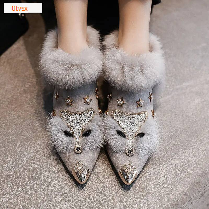 Crystal Fox Head Personalized Design Boots Autumn and Winter New Fashion Metal Pointed Fluffy Plush High Heels Women's High Heels Designer Shoes