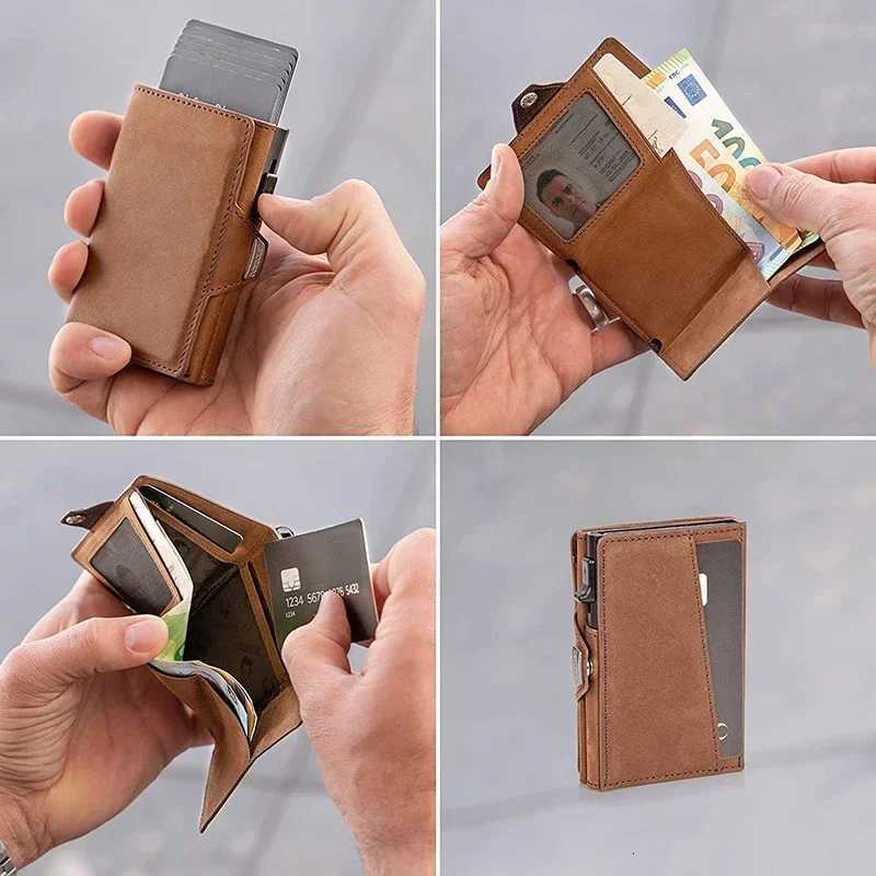 Popup Case HighQuality Card ID Holders Leather Mini Wallet Men RFID Small Purse Brown Black Coffee Carbon FiberW251017