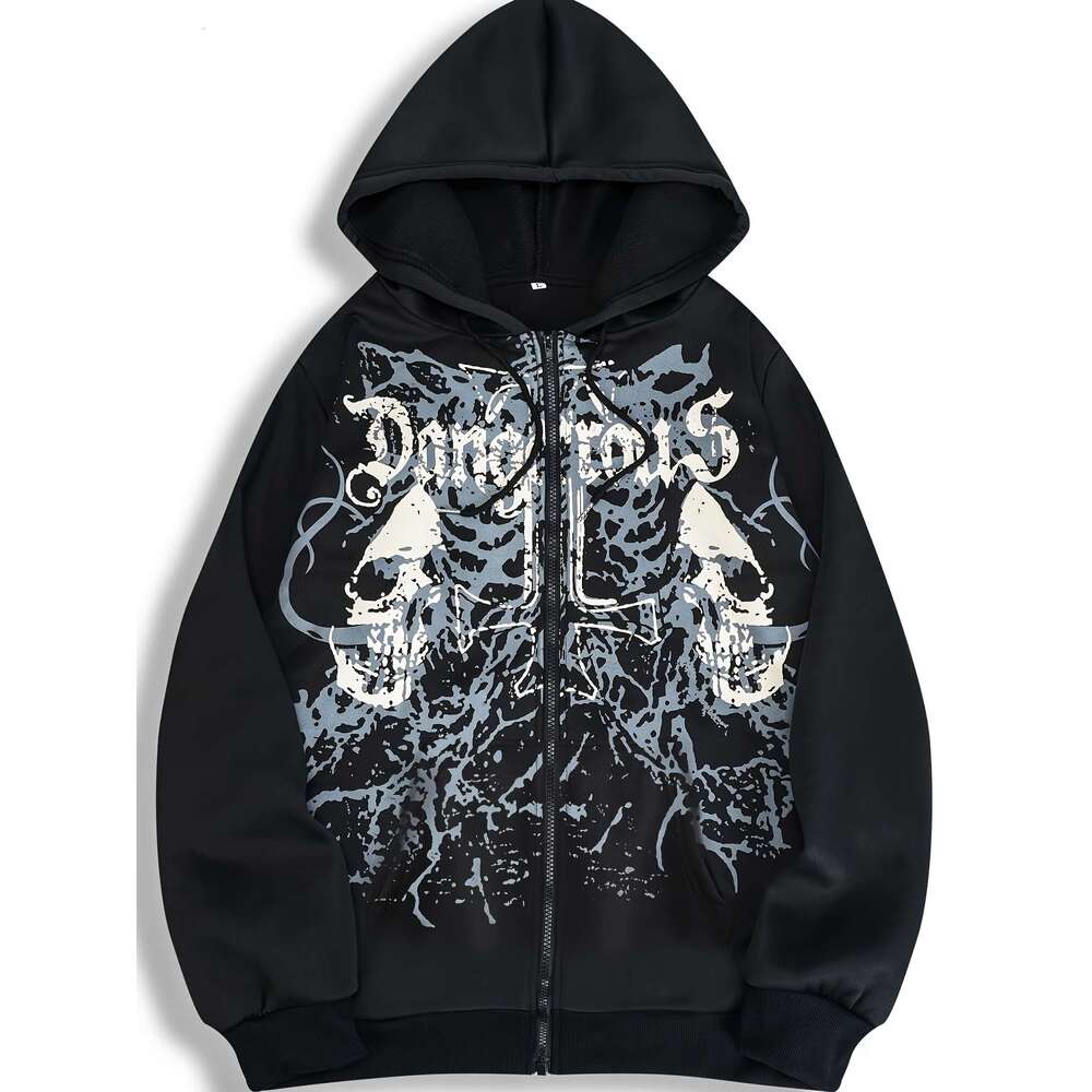 Women's Sweatshirt Dark Green Graphic Hooded Sweatshirt | Women's Casual, Skull & Crossbones Print, Zipper Front, Hine Washable, All-Season 