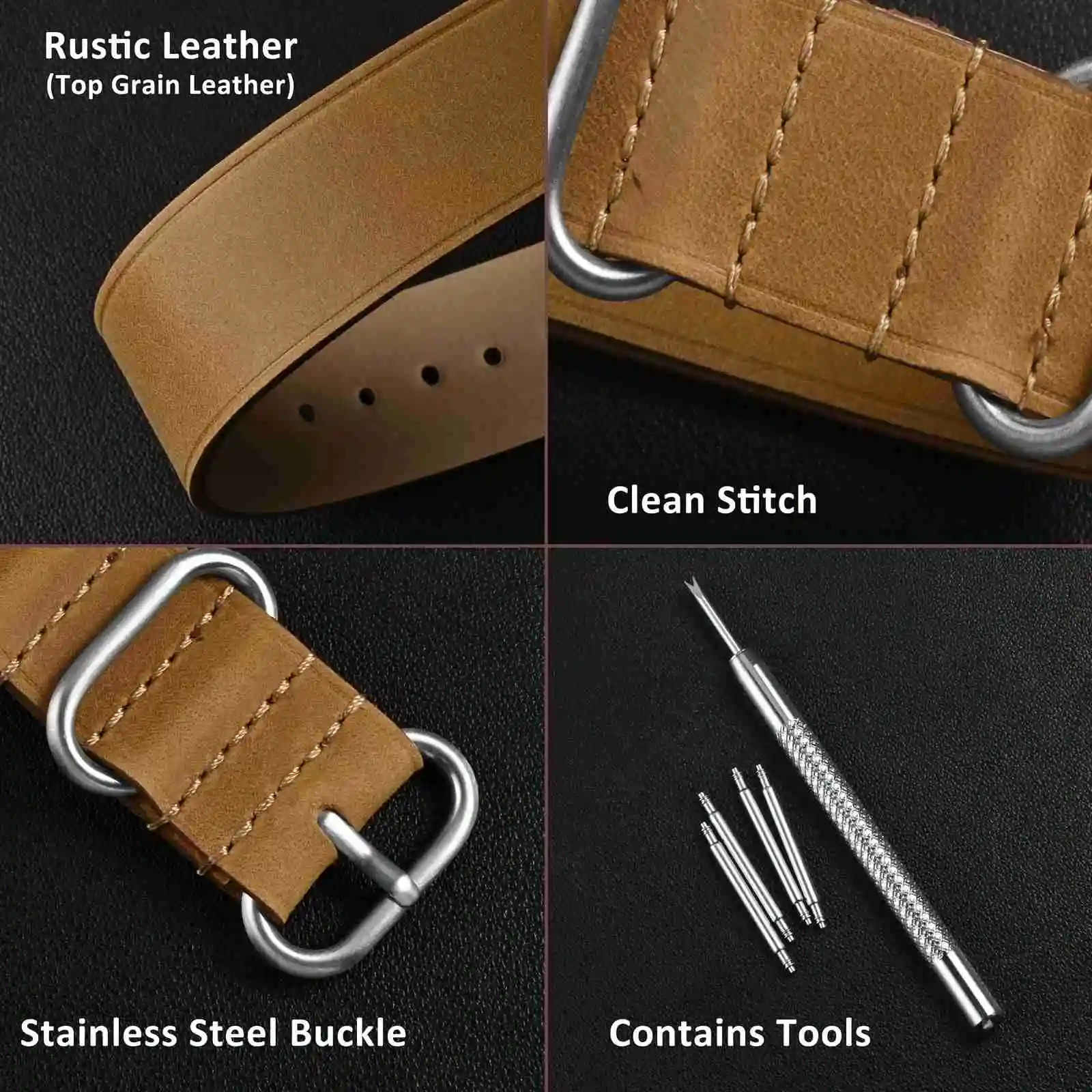 WOCCI Vintage Leather Watch Band Onepiece Strap for Men Top Grain Leather Brushed Hardware Band Width 18mm 20mm 22mm 251016
