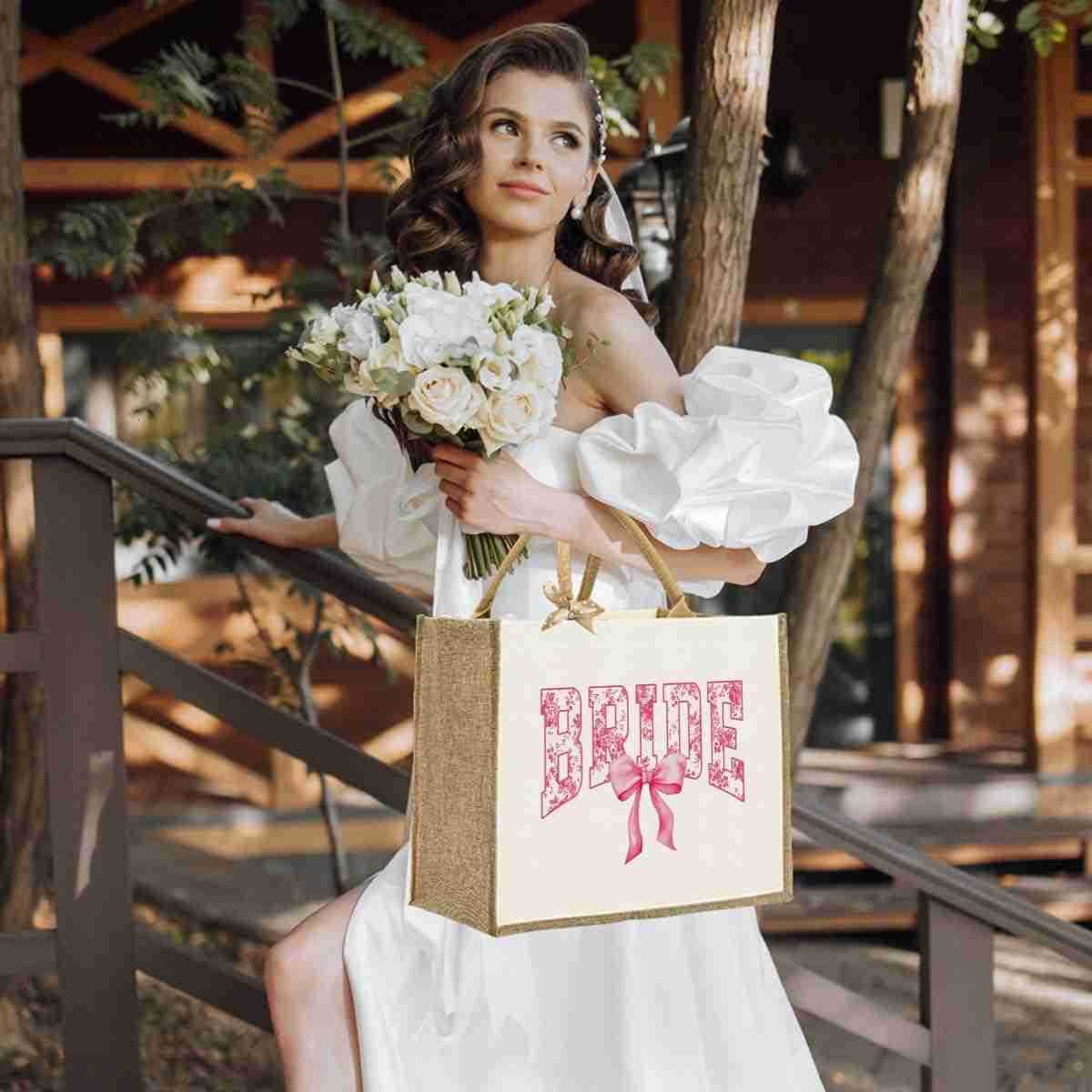 Bride Wedding Tote Bag Coquette Bow Tote Bag with Floral for Wedding Bachelorette Party Honeymoon Travel M251017