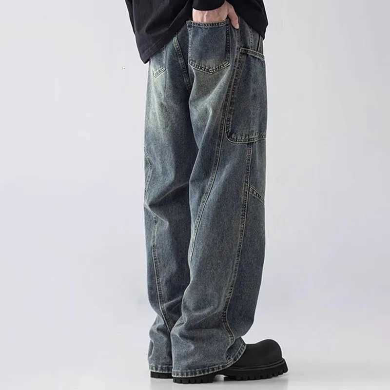 Korean Style Large Pocket Workwear Jeans Retro Blue MenS Baggy Jeans Straight Leg Pants Casual Wide Leg Pants Casual Pants Y251105