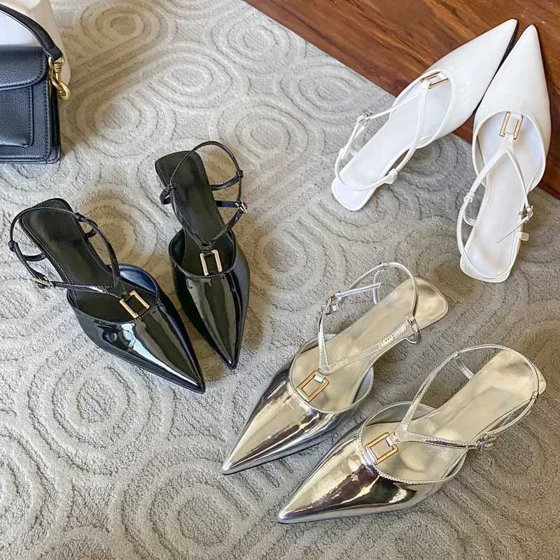 Elegant Ankle Strap Buckle Low Heel Mules Sandals Women Sexy Pointed Toe Patent Leather Women Pumps Summer Slingback High Heels Z251015