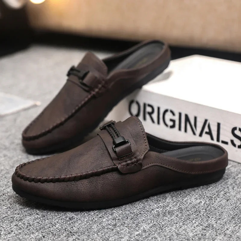 Leather Men Half Slippers Summer Breathable Mens Casual Shoes Slipon Lazy Driving Shoes Comfortable Walking Loafers Moccasins 251013