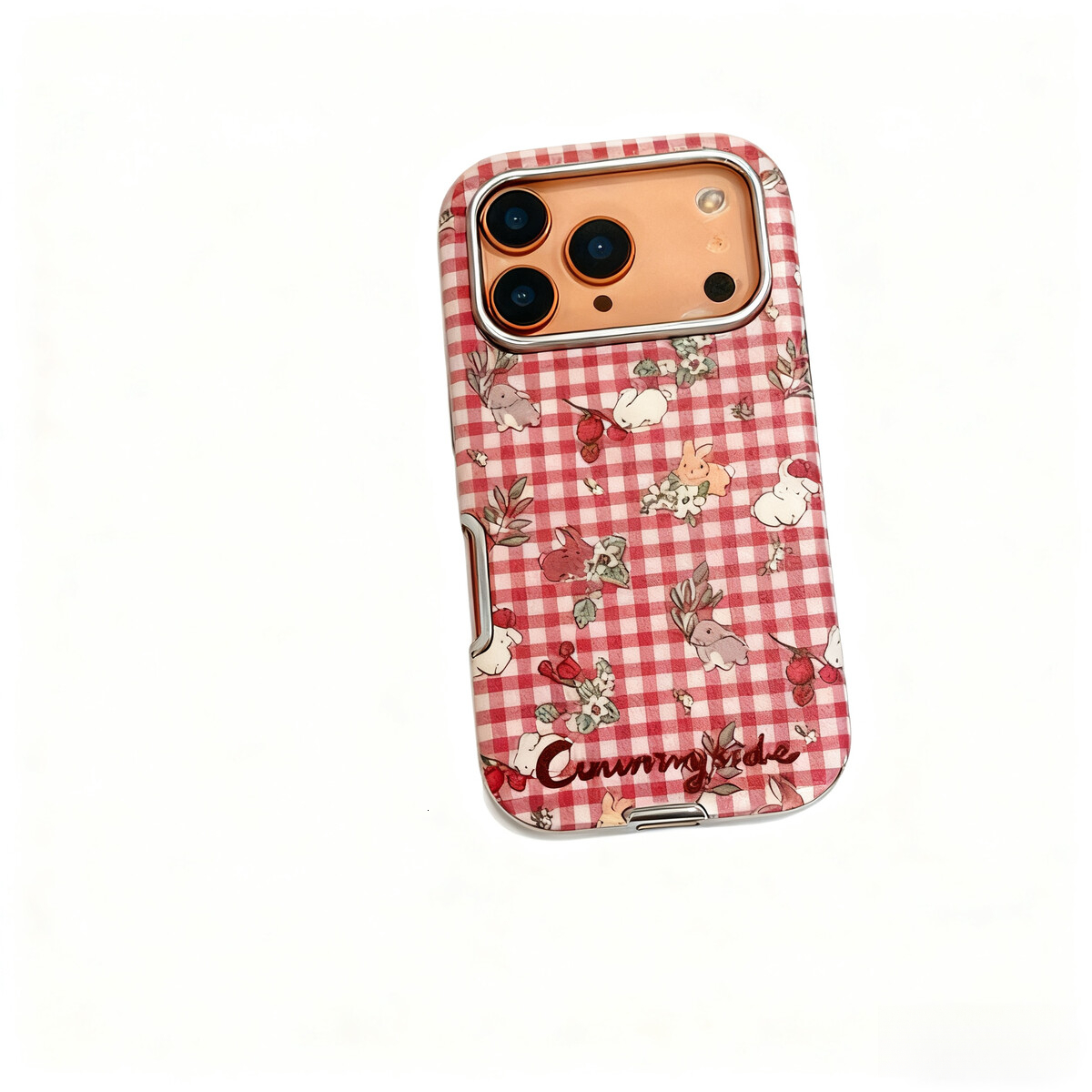 Fresh Red White Checkered Flower Strawberry Rabbit Case for iPhone 17 Pro, Apple 16, and 15 New Model