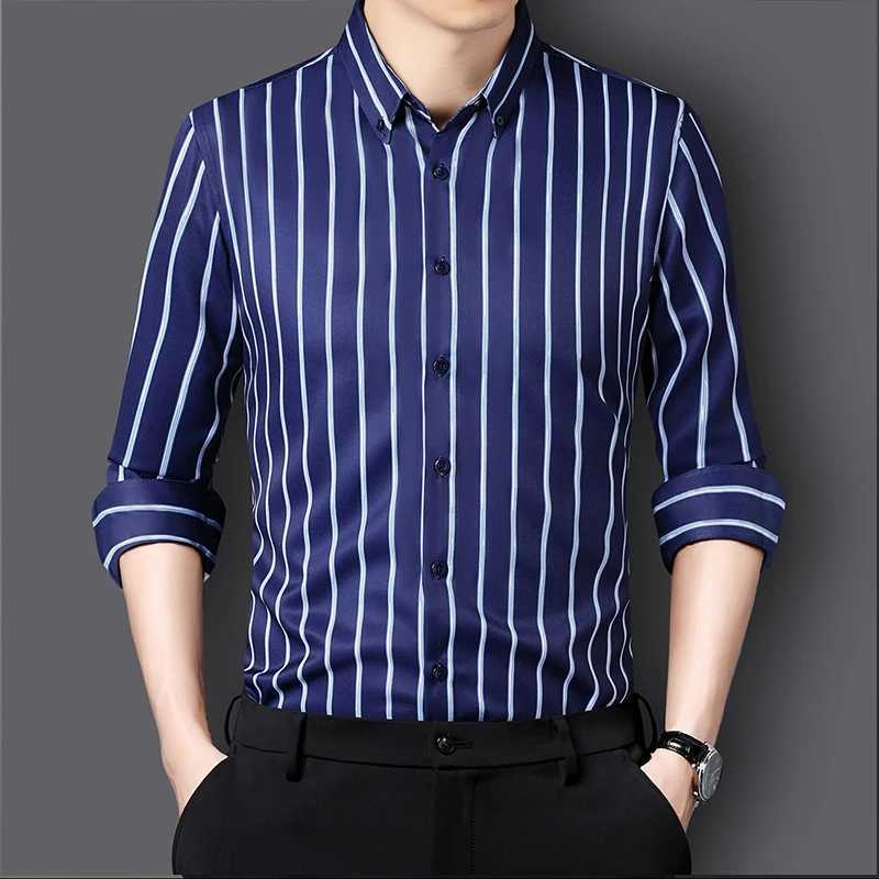 Fashion Stripe Stretch Mens Shirts Long Sleeve New AntiWrinkle Dress Shirts Male Button Slim Social Business Casual Shirt J251017