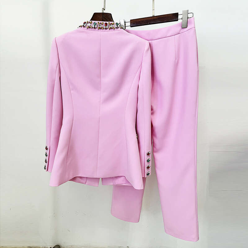 HIGH STREET Newest 2025 Designer Suit Set Women's Diamonds Beaded Jacket Pencil Pants Set 2Pcs