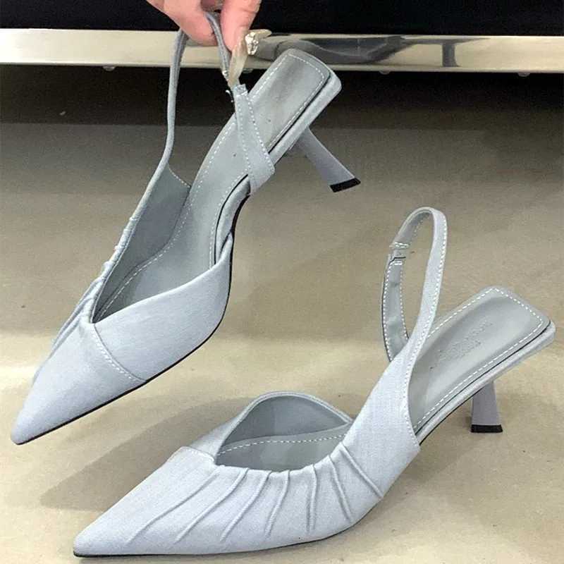 Flannel Pleated Pointed Toe High Heels Women Simple Buckle Strap Thin Heeled Sandals Summer Elegant Outdoor Casual Office Shoes Z251015