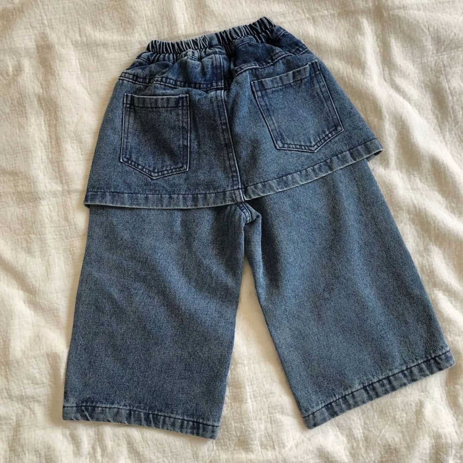 Trousers 2025 Autumn and Winter New Childrens Clothing Korean Style Boys and Girls Fashion Grab Fleeces Fake Two Wide Leg JeansT251017