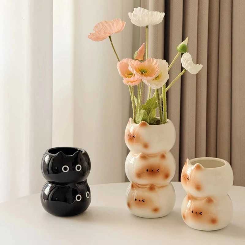 Creative Flower Arrangement Storage Holder Ceramic Siamese Cat Vase Living Room Bedroom Decoration Ornaments Flower Pot C251017