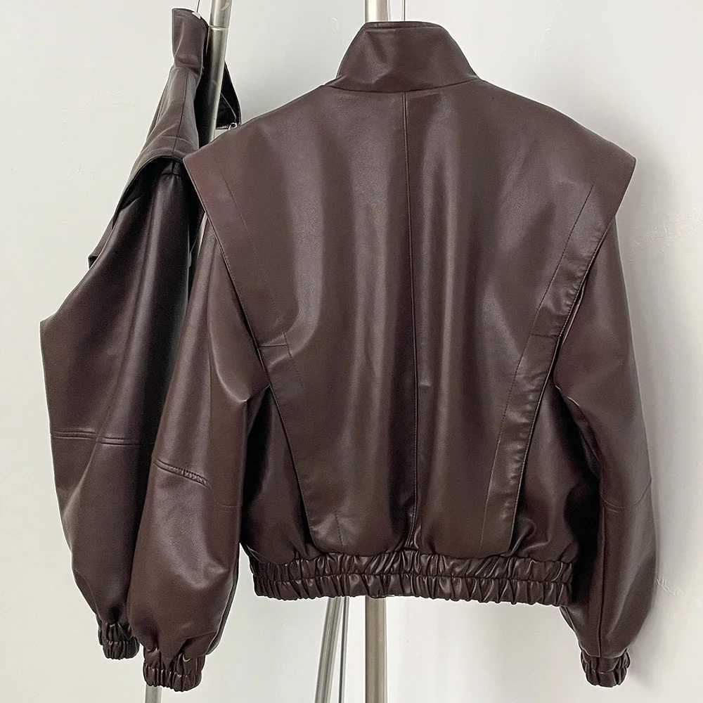 Fashion PU Jacket Faux Leather Jacket Women Imitation Long Sleeve Autumn New Street Versatile Elastic Hem Stand Up Collar LadyT251017