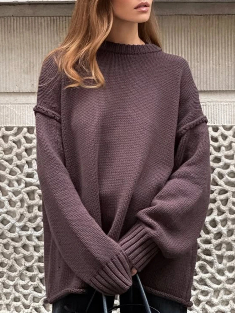 Autumn Fashion Dark Brown Loose Knitted Pullovers Women Casual Oneck Long Sleeve Thick White Sweater Winter Knitwear 251013