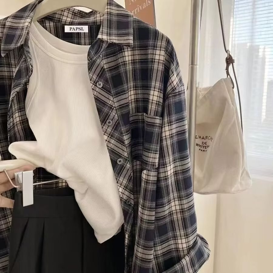 Loose Versatile Shirt Jacket American Style Plaid Shirt for Men Couples Spring Autumn