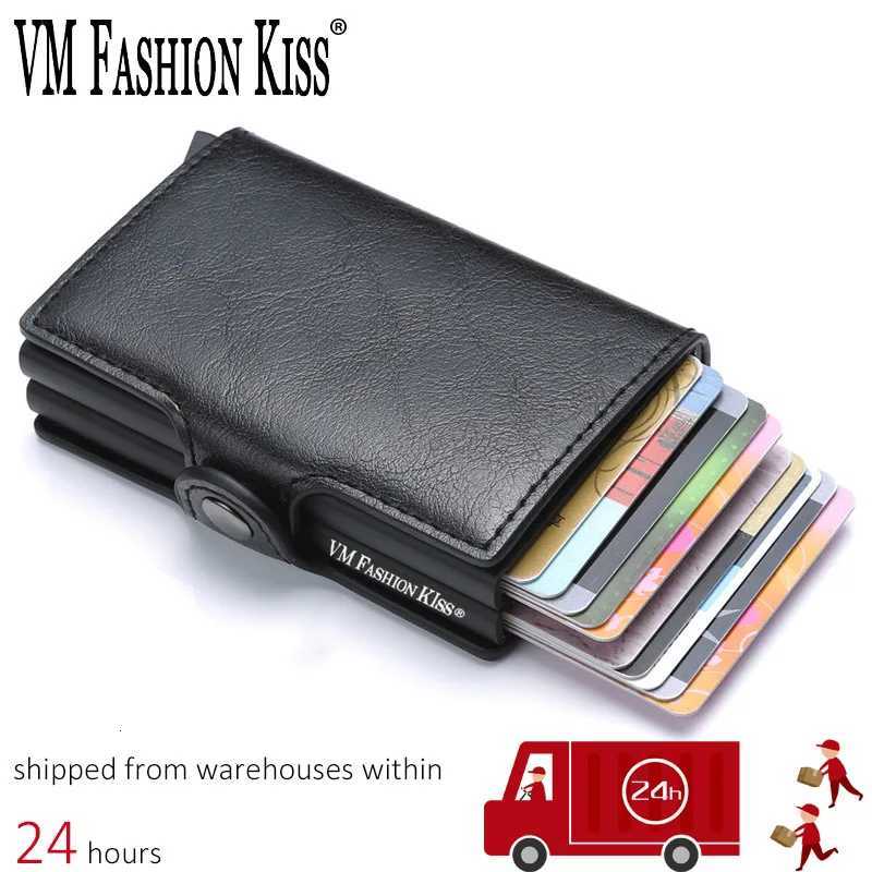 VM FASHION KISS Carbon Fiber High Quality Wallet Pu Leather RFID Security Double Aluminum Box Credit Card Holder Men Metal PurseW251017