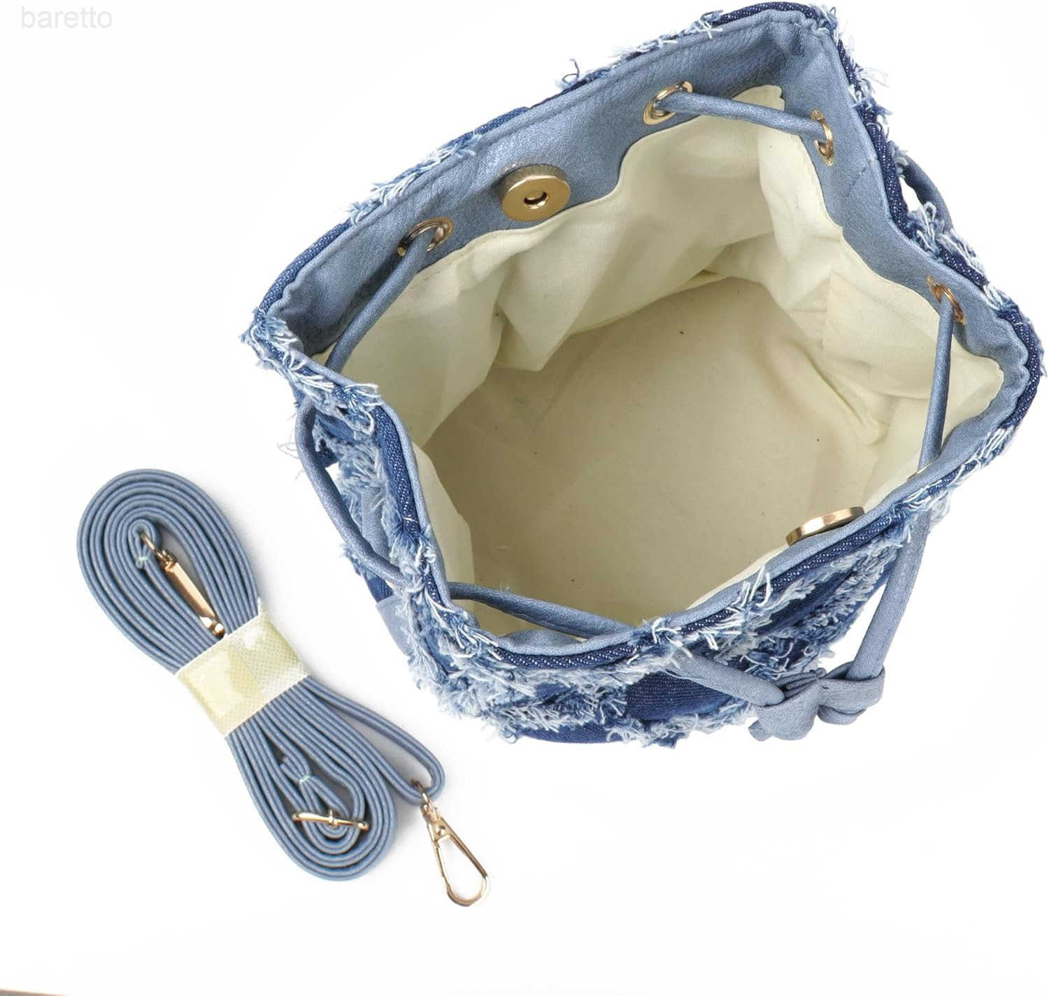 Women Denim Mini Bucket Shoulder Crossbody Bag Drawstring Quilted Distressed Tassel Barrel Shape Satchel Purse Z251017