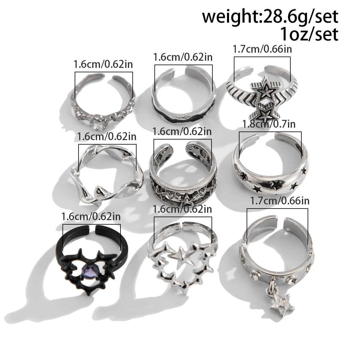 Ingemark 9PcsSet Goth Ancient Silver Color Open Rings for Men 2025 Trend Vintage Metal Star Hollow Bat Shape Rings Male Jewelry Z251017